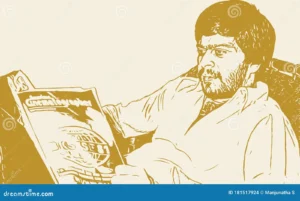 sketch-legend-kannada-actor-outline-editable-illustration-shankar-nag-reading-book-drawing-indian-screenwriter-director-181517924